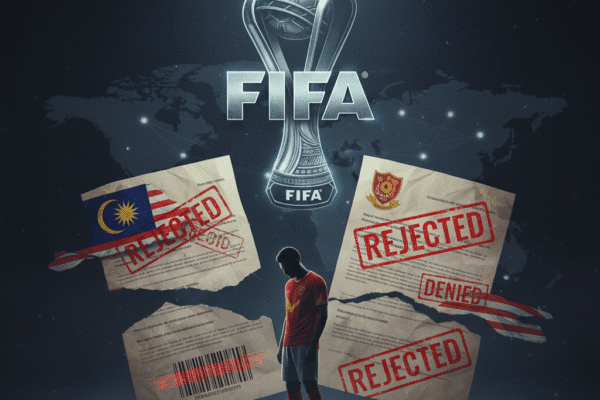 FIFA trophy, rejected Malaysian documents, and dejected player.