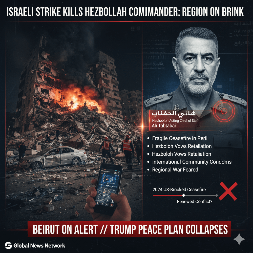 A split image shows a destroyed, burning building in Beirut with emergency services, and a stern-faced Ali Tabtabai with a target on his chest.