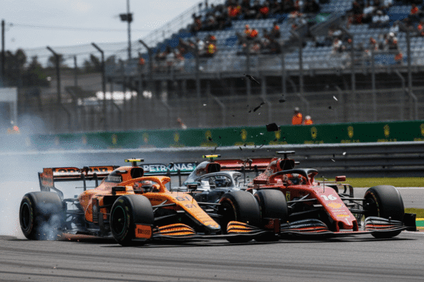 Oscar Piastri's McLaren, Antonelli's Mercedes, and Leclerc's Ferrari collide at F1 Brazil GP.