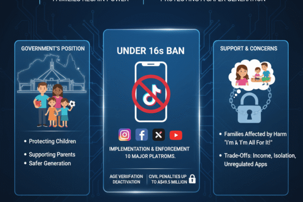 Teenager looking at a smartphone with major social media icons blurred or locked out, symbolising Australia’s new under-16 social media ban.