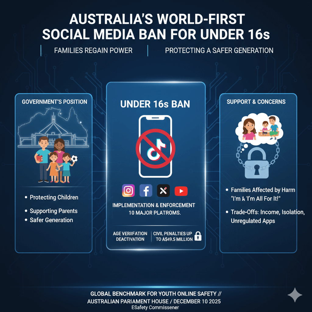 Teenager looking at a smartphone with major social media icons blurred or locked out, symbolising Australia’s new under-16 social media ban.