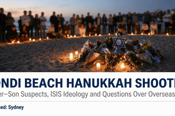 People gather at Bondi Beach for a candlelight vigil following a fatal shooting at a Hanukkah event, with police presence visible nearby.