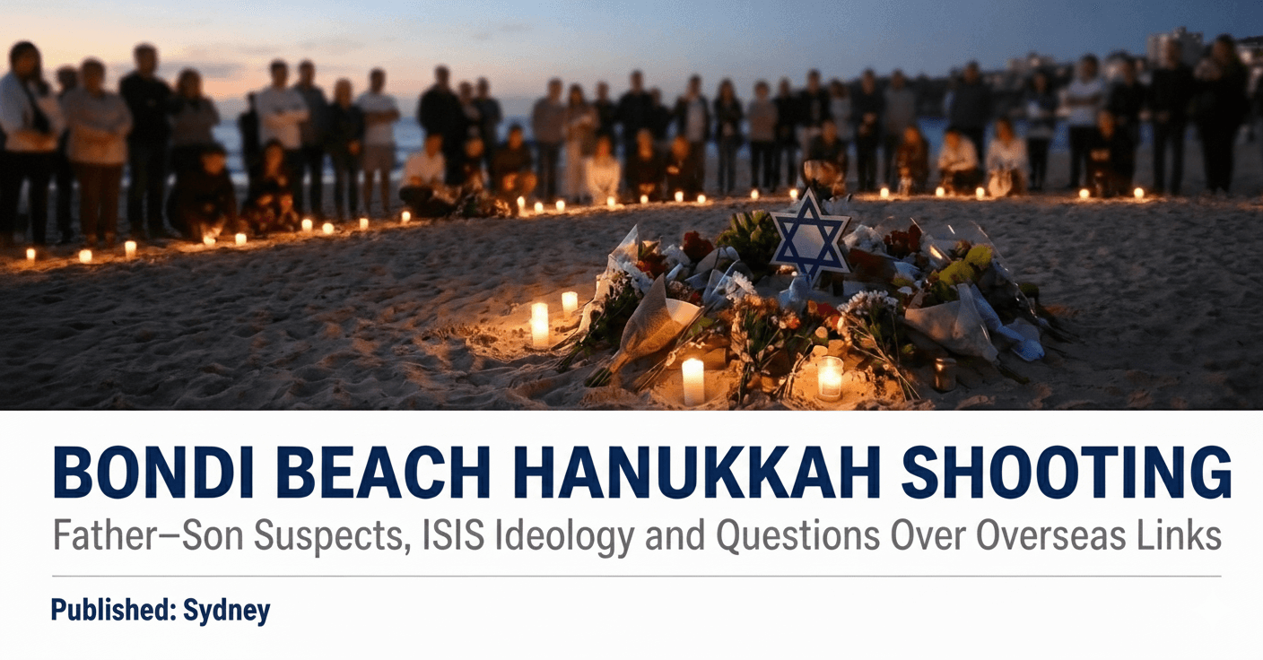 People gather at Bondi Beach for a candlelight vigil following a fatal shooting at a Hanukkah event, with police presence visible nearby.
