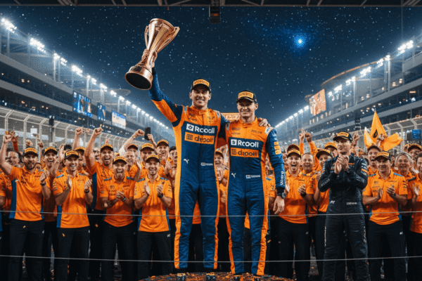 Lando Norris celebrating with McLaren crew at Yas Marina after securing the 2025 Formula One World Championship with a third-place finish.