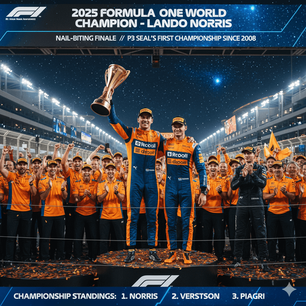 Lando Norris celebrating with McLaren crew at Yas Marina after securing the 2025 Formula One World Championship with a third-place finish.