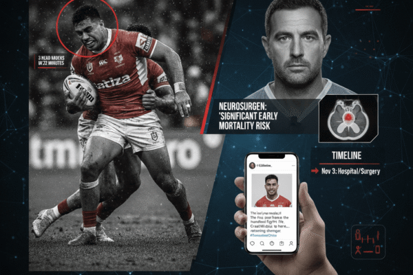 Eli Katoa in Tonga rugby league kit during Test match, with medical staff assisting after a head knock, highlighting NRL concussion concerns.