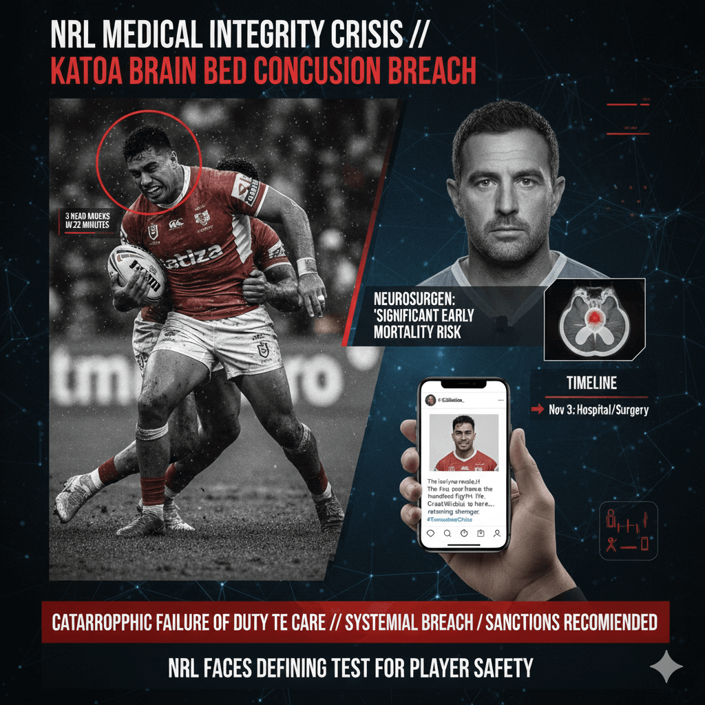 Eli Katoa in Tonga rugby league kit during Test match, with medical staff assisting after a head knock, highlighting NRL concussion concerns.