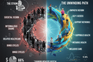 An Australian adult sitting in a medical waiting room, illustrating the emotional impact of weight stigma and barriers to healthcare access.