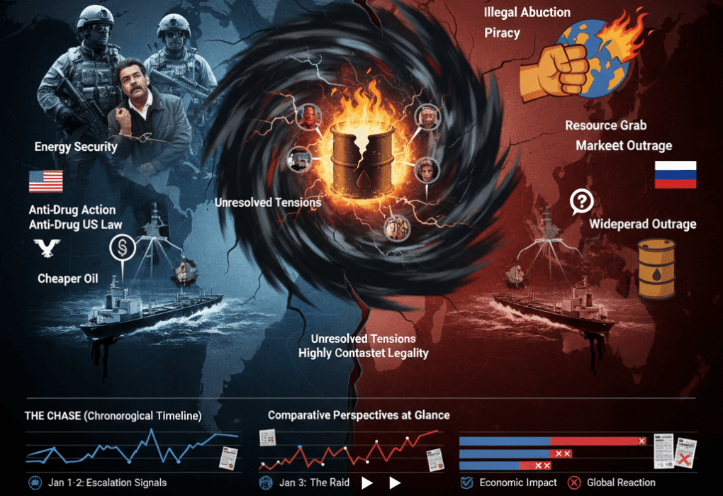A US Navy vessel intercepts a large oil tanker at sea under dramatic skies, with Venezuelan and Russian flags visible in the background, symbolising geopolitical tension over energy resources.