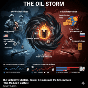 A US Navy vessel intercepts a large oil tanker at sea under dramatic skies, with Venezuelan and Russian flags visible in the background, symbolising geopolitical tension over energy resources.