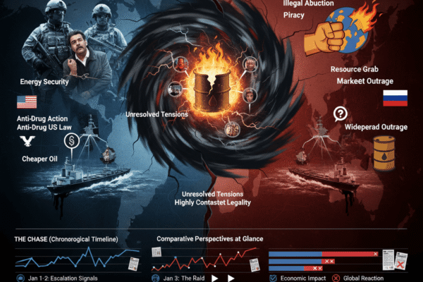 A US Navy vessel intercepts a large oil tanker at sea under dramatic skies, with Venezuelan and Russian flags visible in the background, symbolising geopolitical tension over energy resources.