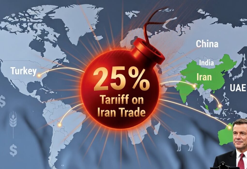 Trump drops 25% Iran trade tariff bomb, shockwaves hit China, India & UAE, Australia in green barely affected with sheep and wheat icons