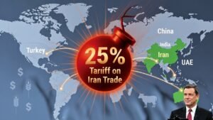 Trump drops 25% Iran trade tariff bomb, shockwaves hit China, India & UAE, Australia in green barely affected with sheep and wheat icons
