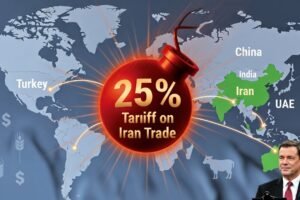 Trump drops 25% Iran trade tariff bomb, shockwaves hit China, India & UAE, Australia in green barely affected with sheep and wheat icons