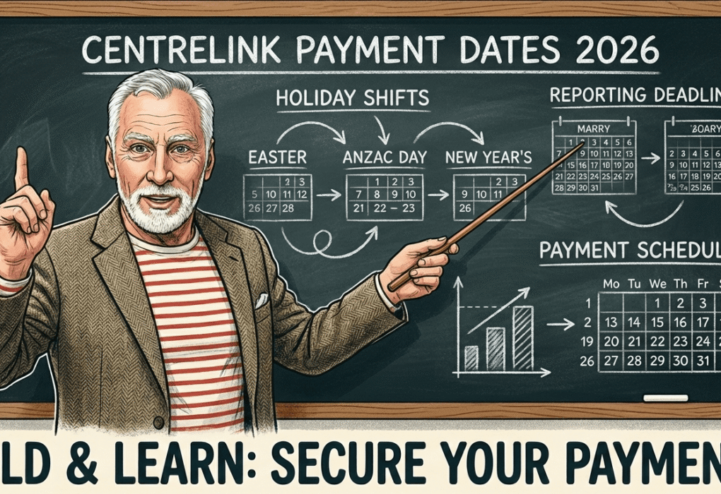 Artistic educational graphic featuring an elderly teacher pointing to a chalkboard with the 2026 Centrelink payment schedule, holiday shifts for Easter and Anzac Day, and the text 'Hold & Learn: Secure Your Payments'.