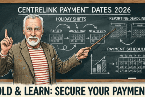 Artistic educational graphic featuring an elderly teacher pointing to a chalkboard with the 2026 Centrelink payment schedule, holiday shifts for Easter and Anzac Day, and the text 'Hold & Learn: Secure Your Payments'.