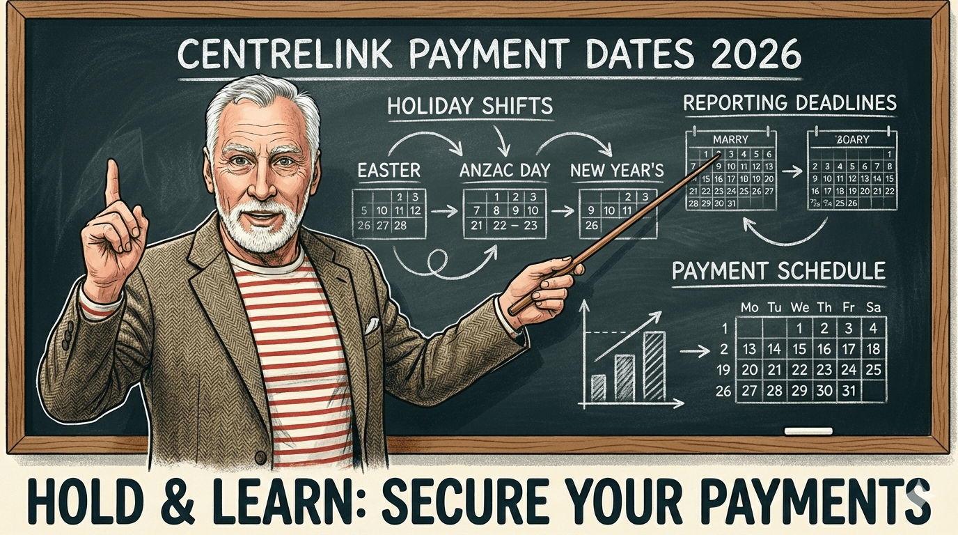 Artistic educational graphic featuring an elderly teacher pointing to a chalkboard with the 2026 Centrelink payment schedule, holiday shifts for Easter and Anzac Day, and the text 'Hold & Learn: Secure Your Payments'.